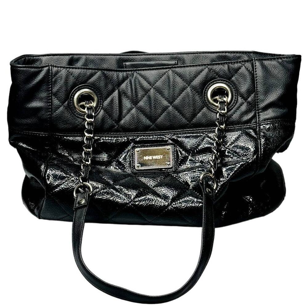 Nine West Black Leather Purse Large Bag Chain Strap Silver Tone Hardware